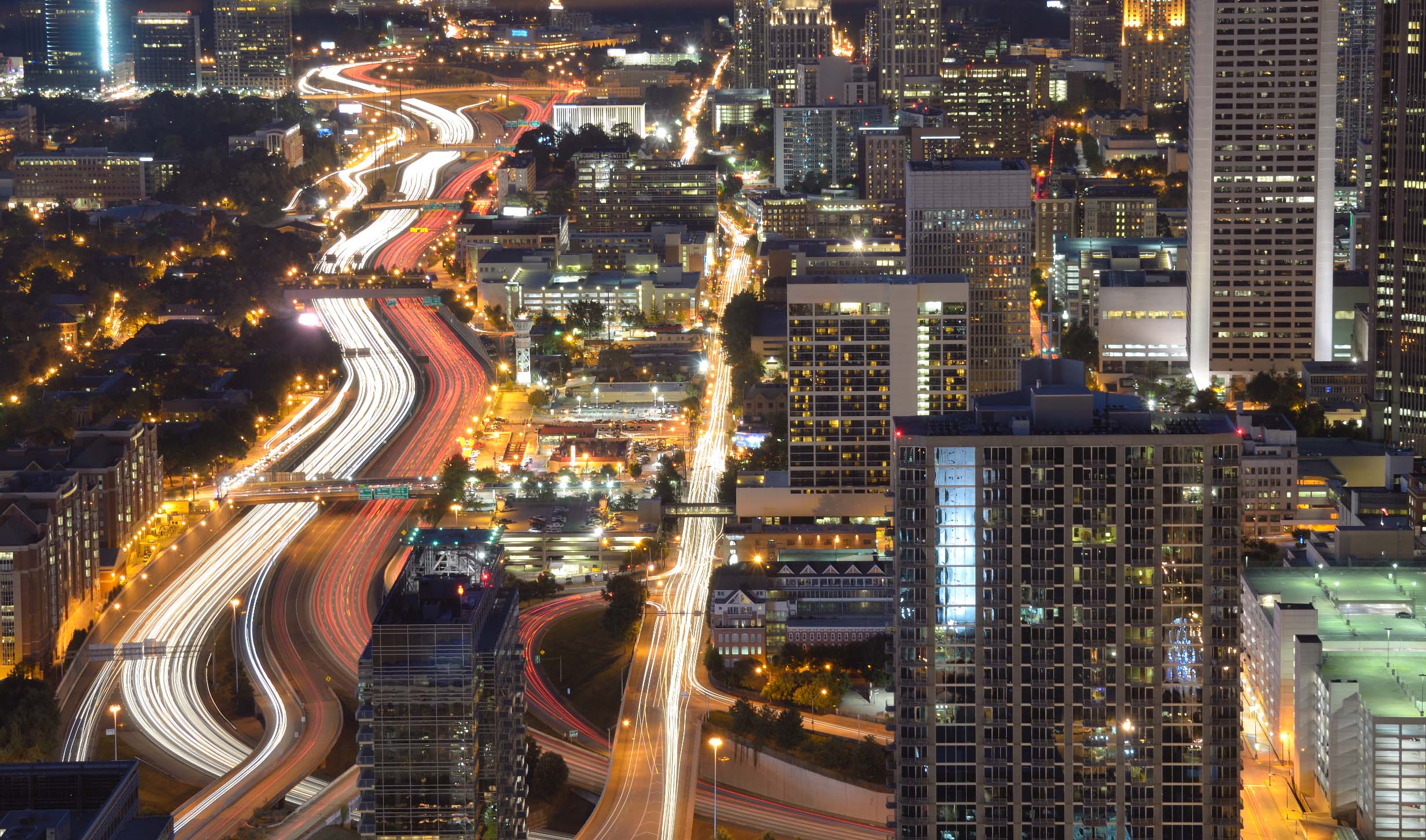 long exposure aerial view of downtown Atlanta at night 