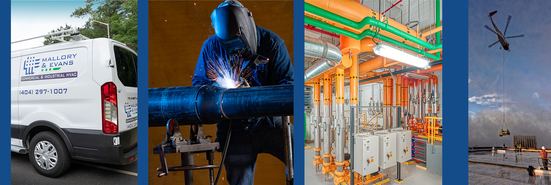 four pictures: a service van, a person welding, a coolant system, and a helicopter lowering equipment onto a roof