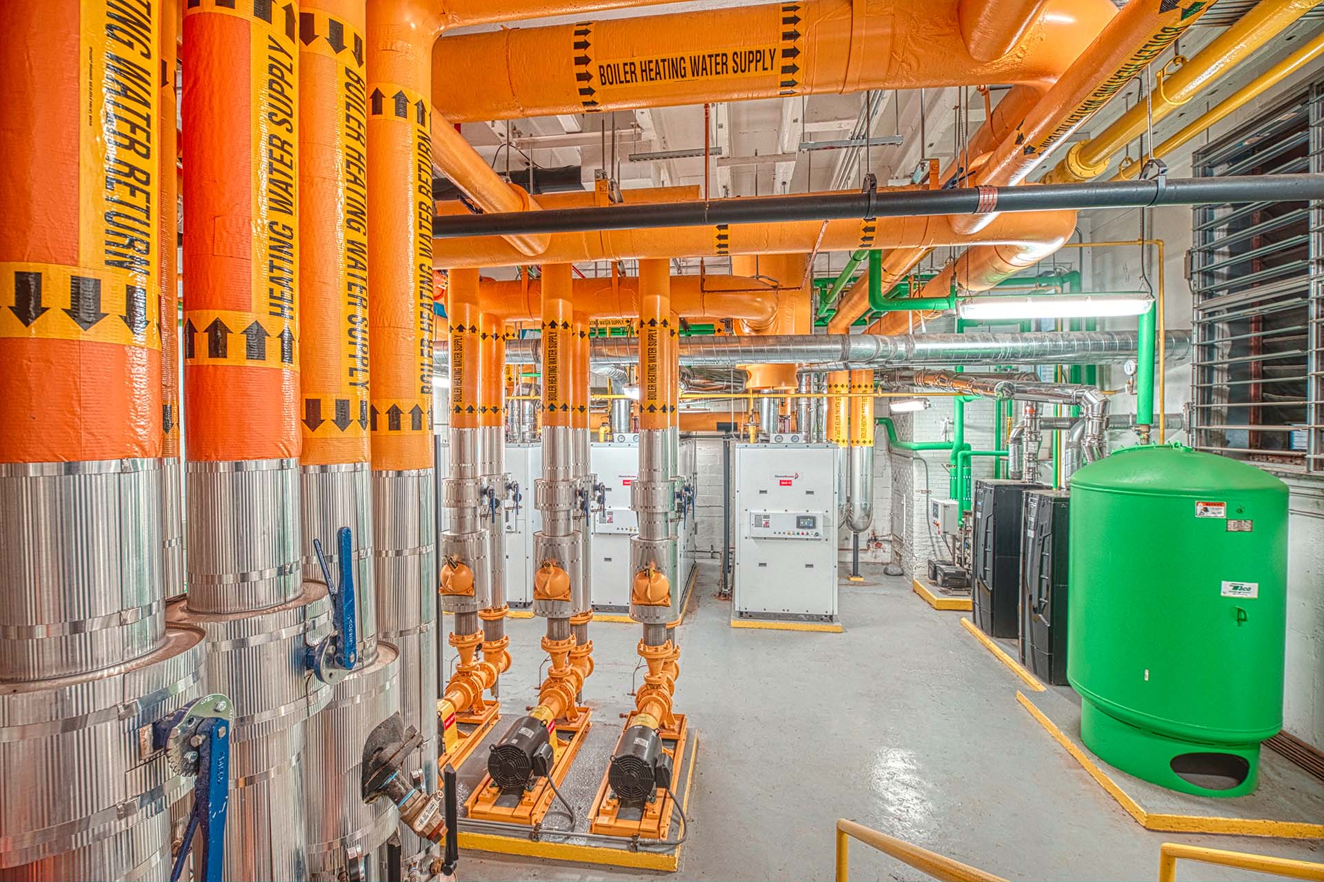 pipes and equipment in a boiler room