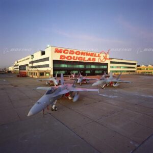 F-15 jets outside of a McDonnell Douglas building