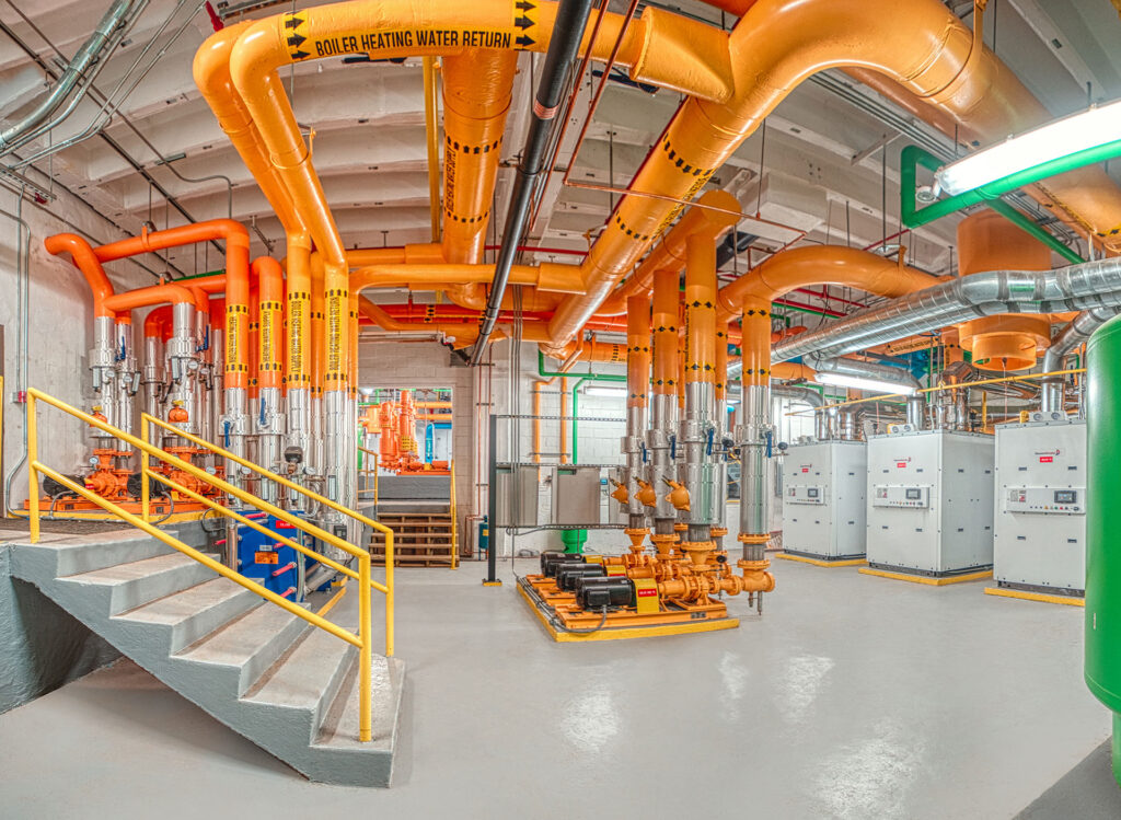 pipes and equipment in a boiler room